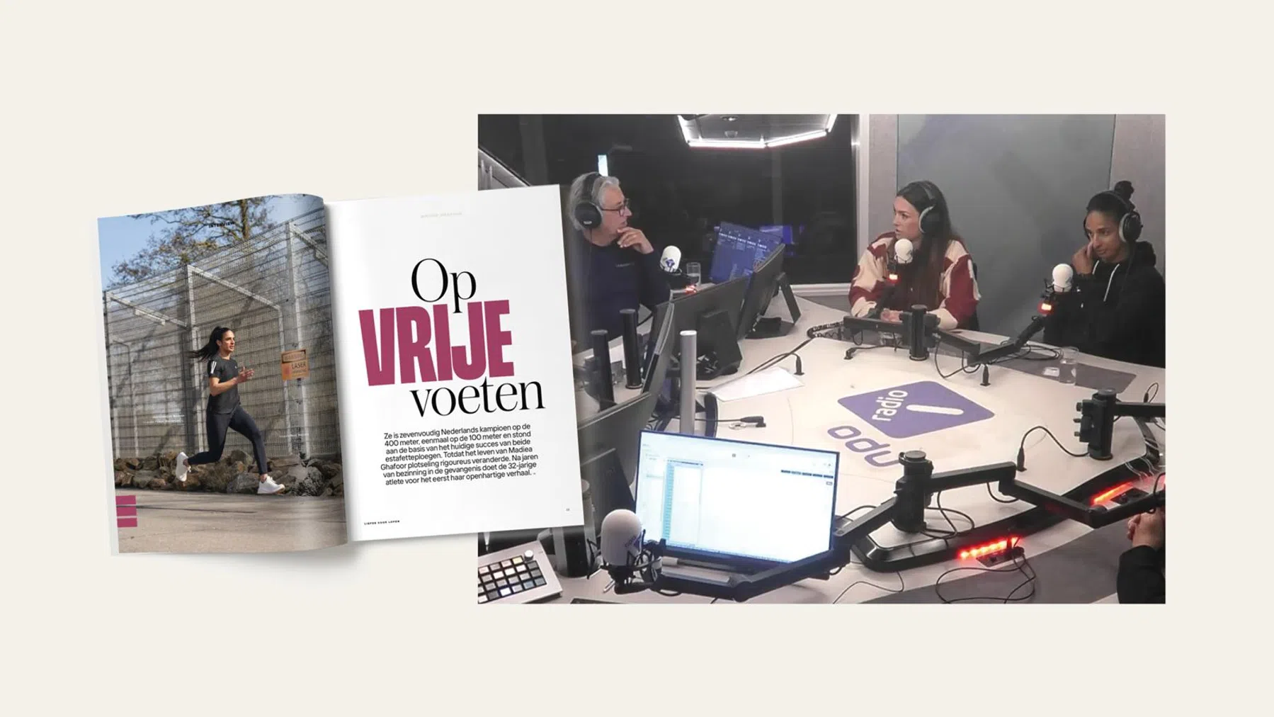 Atlete Madiea Ghafoor en hoofdredacteur Liselot Bouman bij landelijke radio